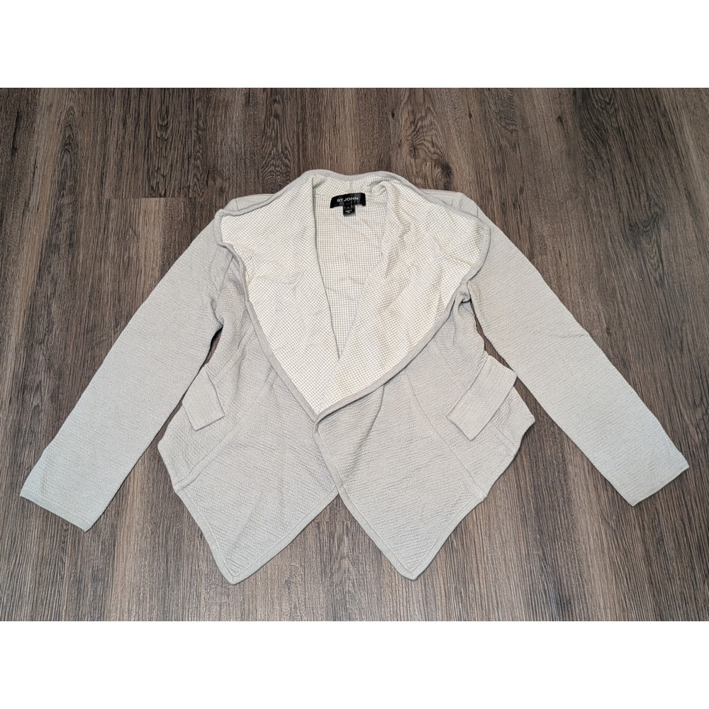 St. John Gray Knit Open Front Blazer Jacket Pockets Career Size 6